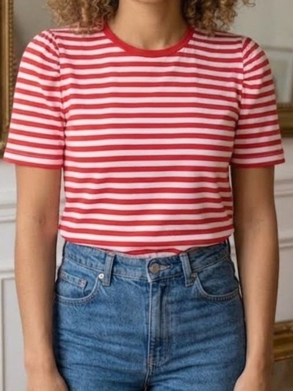 ASOS women’s sz 16, Short Sleeve Tee, Red and White Striped, EUC, cotton, puff